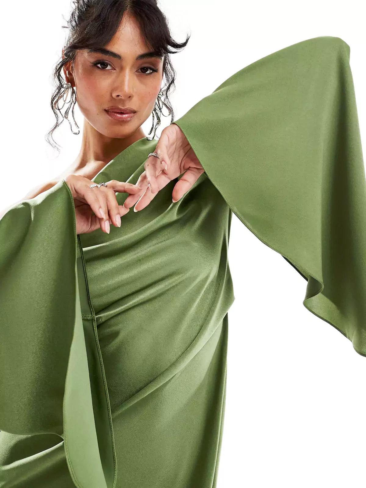 Green Asymmetrical Hem Satin Maxi Dress - View 4