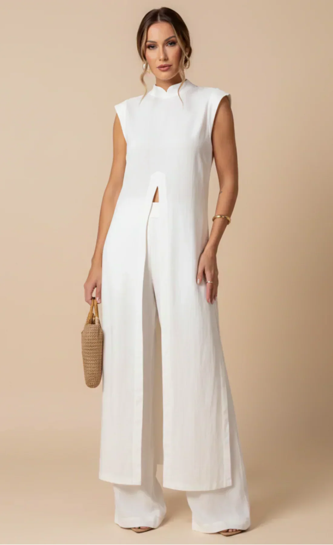 Sleeveless High Slit Longline Top and Wide Leg Pants Two Piece Set 2