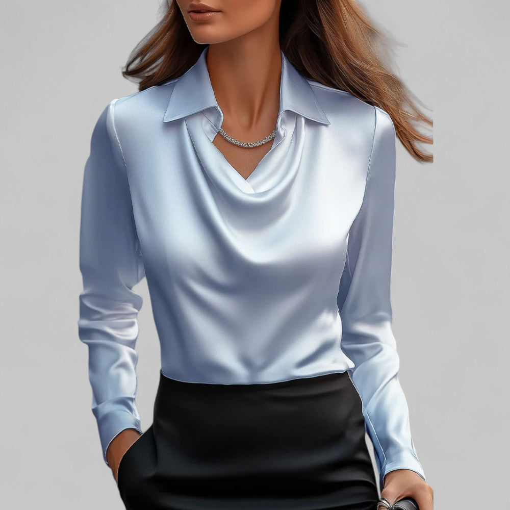 Draped Cowl Neck Long Sleeve Satin Blouse 9