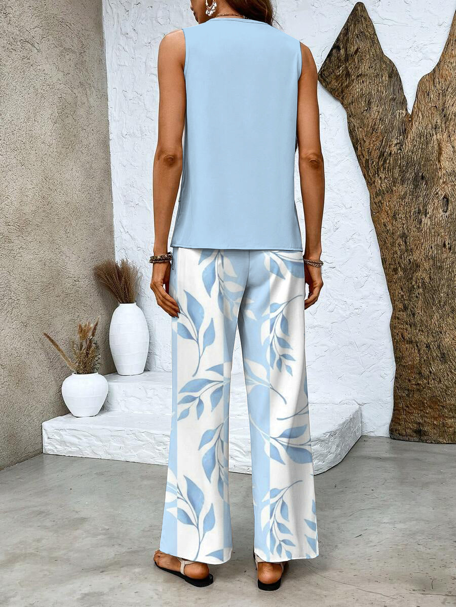 Square Neck Sleeveless Top and Leaf Print Wide Leg Pants Two Piece Set 3