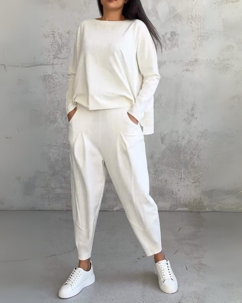 Boat Neck Long Sleeve Top and Tapered Pants Two Piece Lounge Set