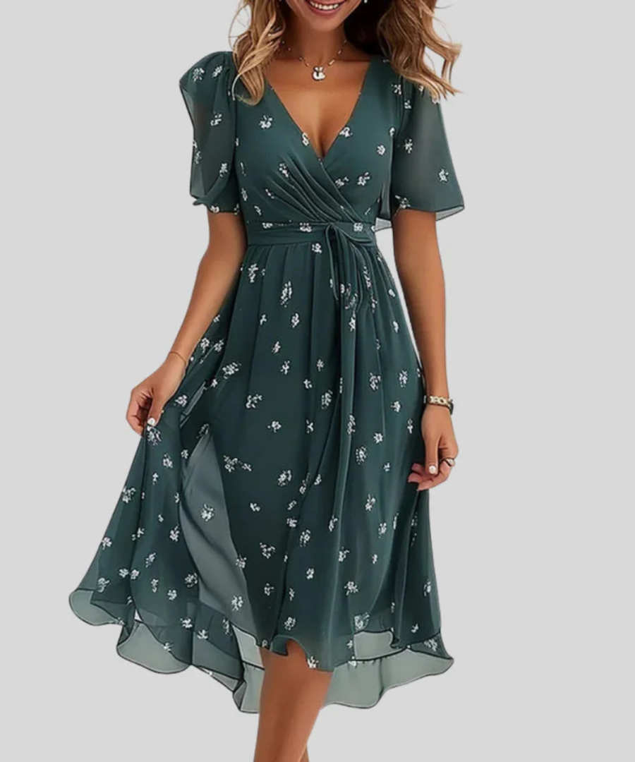 Floral V-Neck Flutter Sleeve Wrap High Low Midi Dress 3