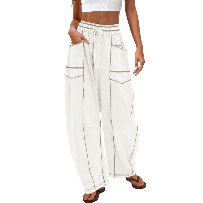 High Waist Drawstring Contrast Stitch Wide Leg Pants 3
