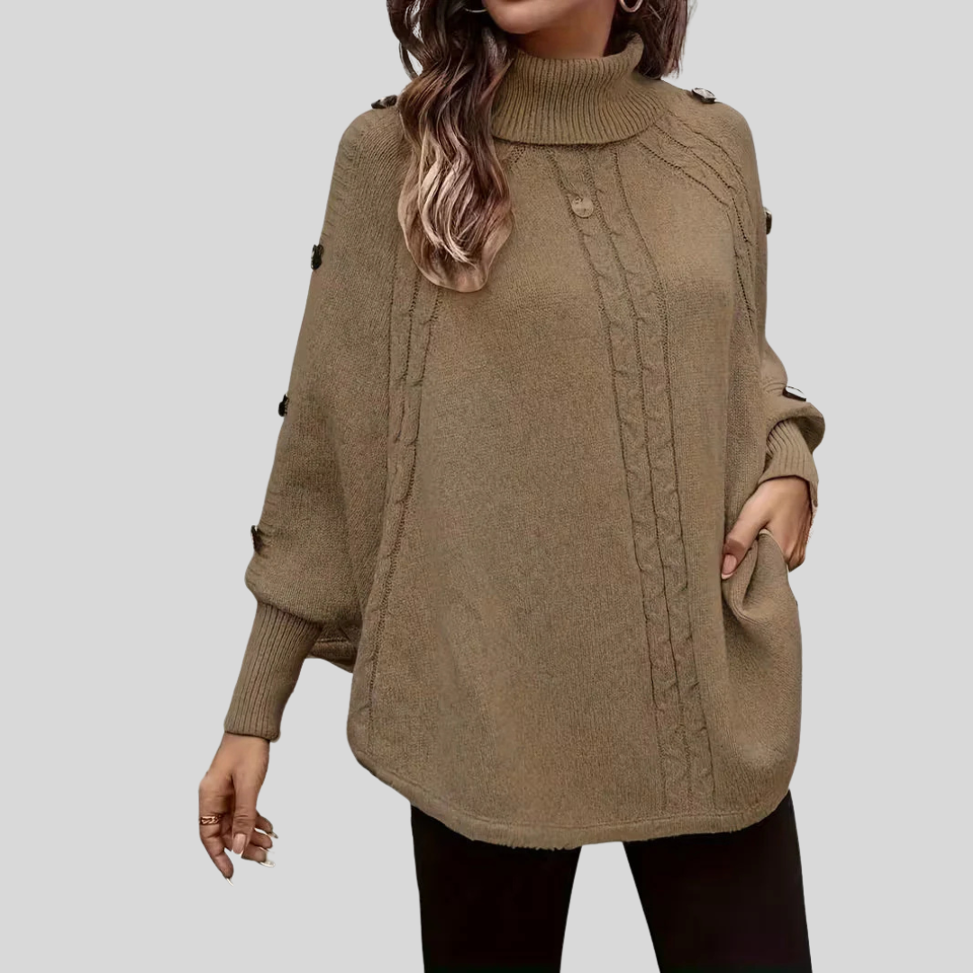Turtleneck Cable Knit Button Trim Batwing Poncho Sweater 3