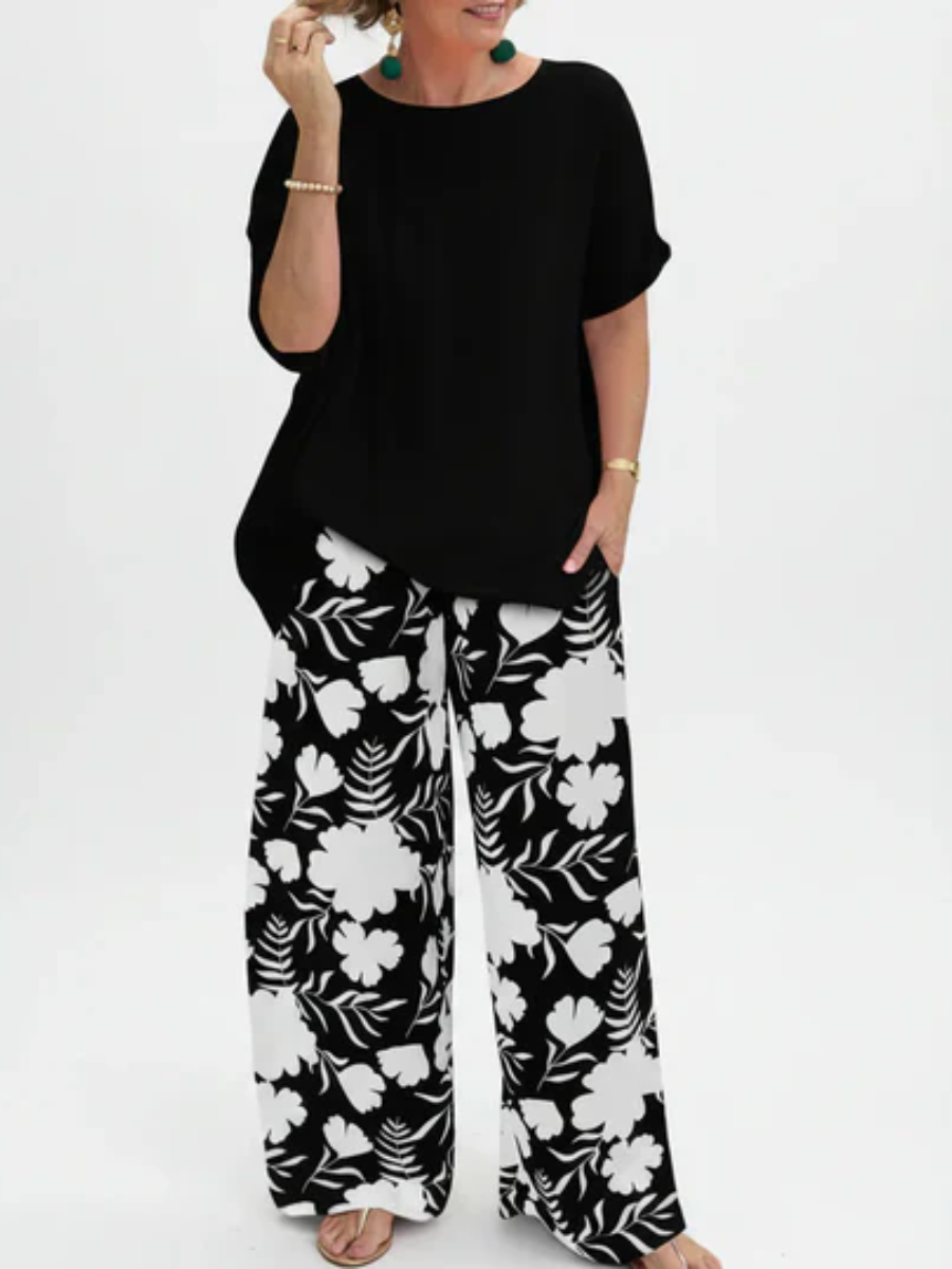 Short Sleeve Top and Floral Wide Leg Pants Two Piece Set 2