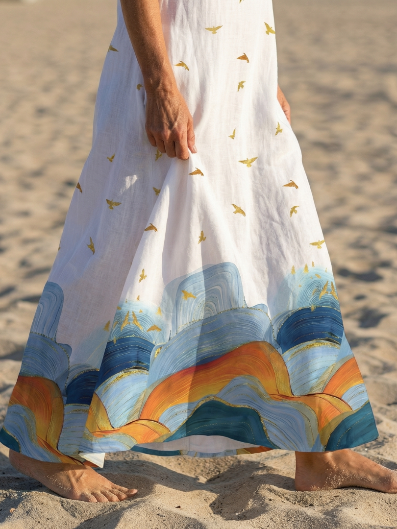 Notch Neck Sleeveless Bird Print Scenic Border Maxi Dress 3