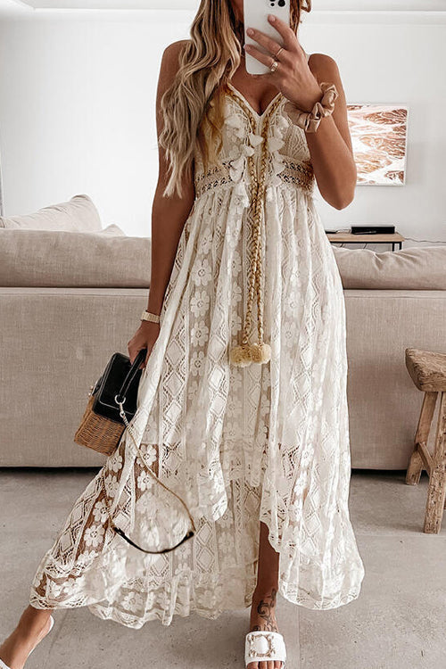 Crochet Lace V-Neck Tassel Tie High Low Maxi Dress