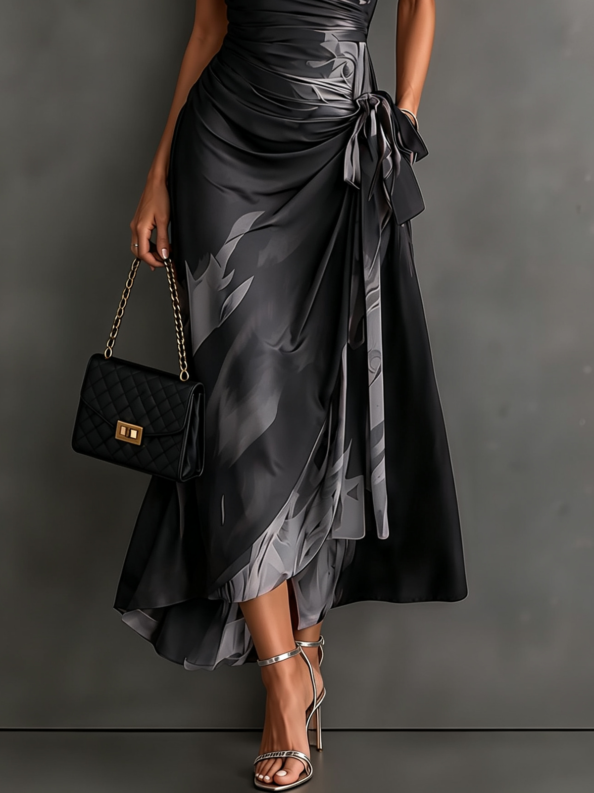 Abstract Print Collared Cap Sleeve Ruched Wrap Maxi Dress 18