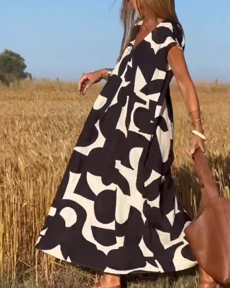 Abstract Print V-Neck Cap Sleeve Oversized Maxi Dress 2