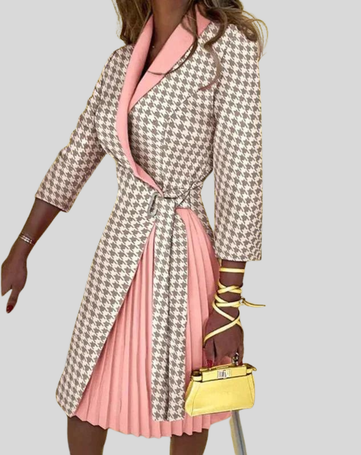 Houndstooth Wrap Contrast Shawl Lapel Self Tie Belt Blazer Dress