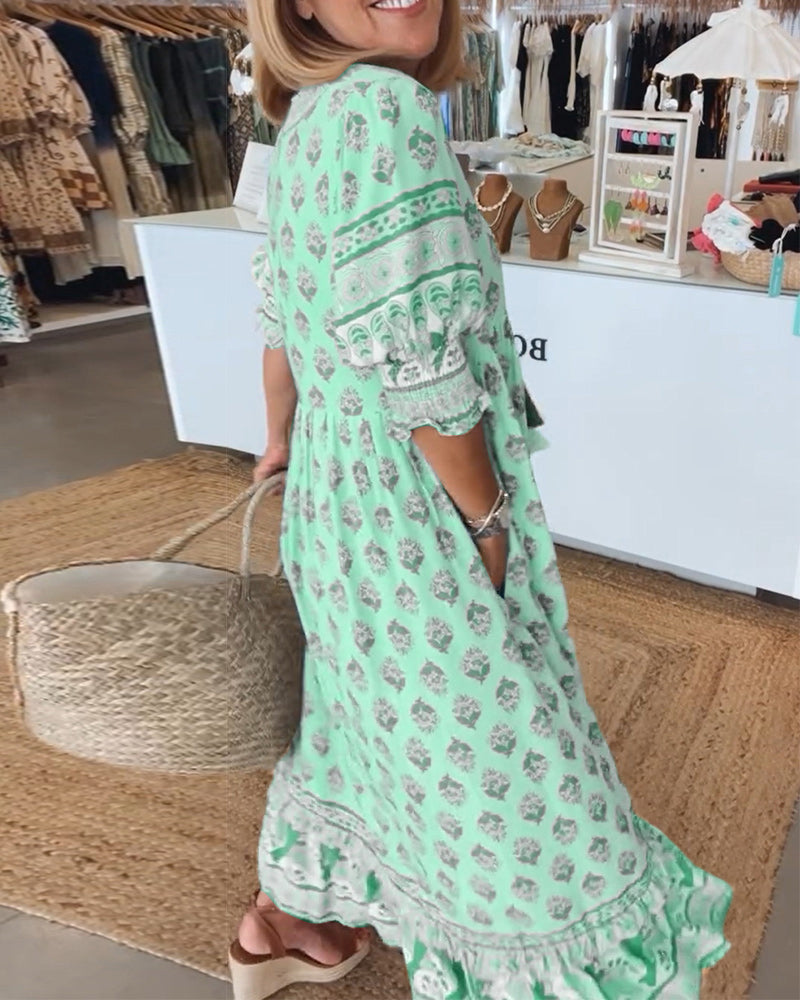 Printed V-Neck Ruffle Short Sleeve Tiered Maxi Dress 7