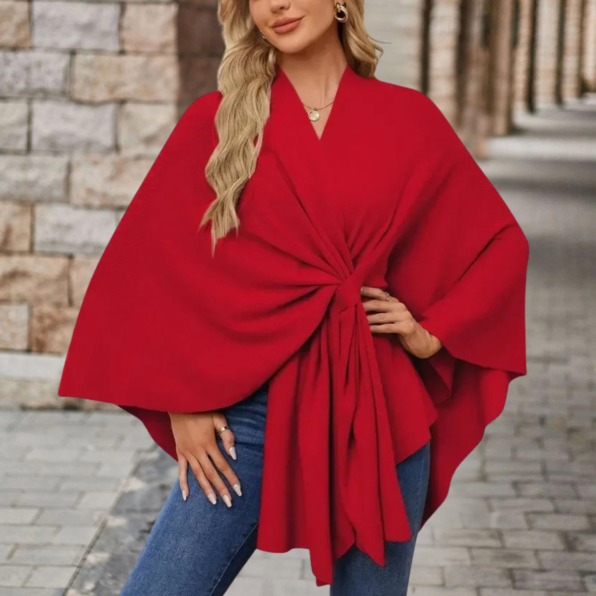 Twist Front Batwing Sleeve Knit Poncho 11