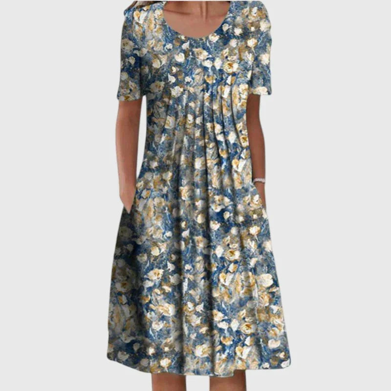 Floral Print Round Neck Short Sleeve Pocket Midi Dress 2