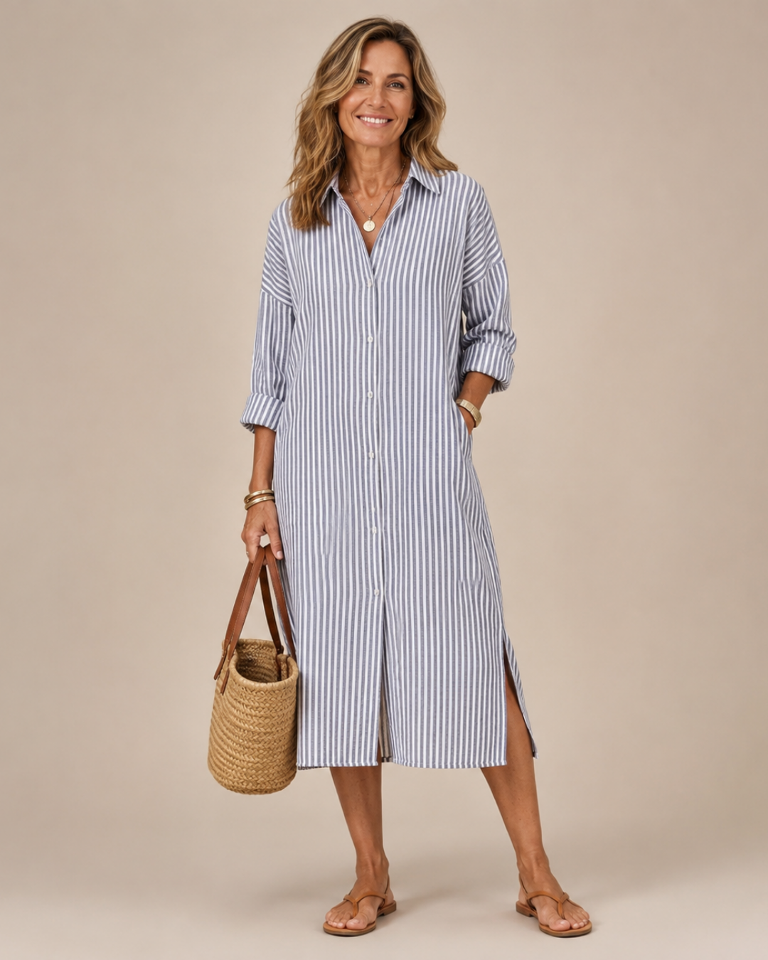 Striped Collared Button Front Long Sleeve Shirt Dress 3