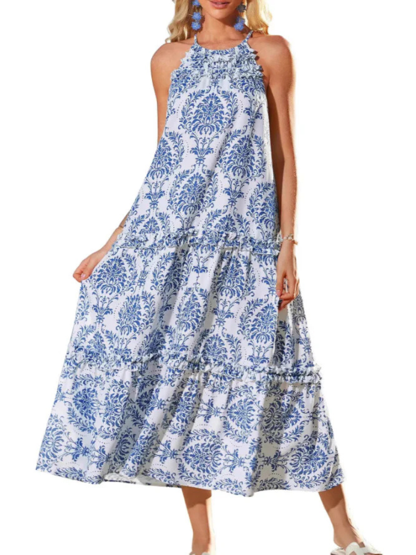 Floral Border Print Halter Neck Tiered Maxi Dress 2