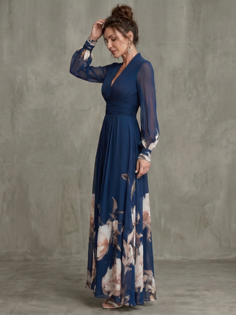 Deep V-Neck Sheer Sleeve Floral Chiffon Maxi Dress 2