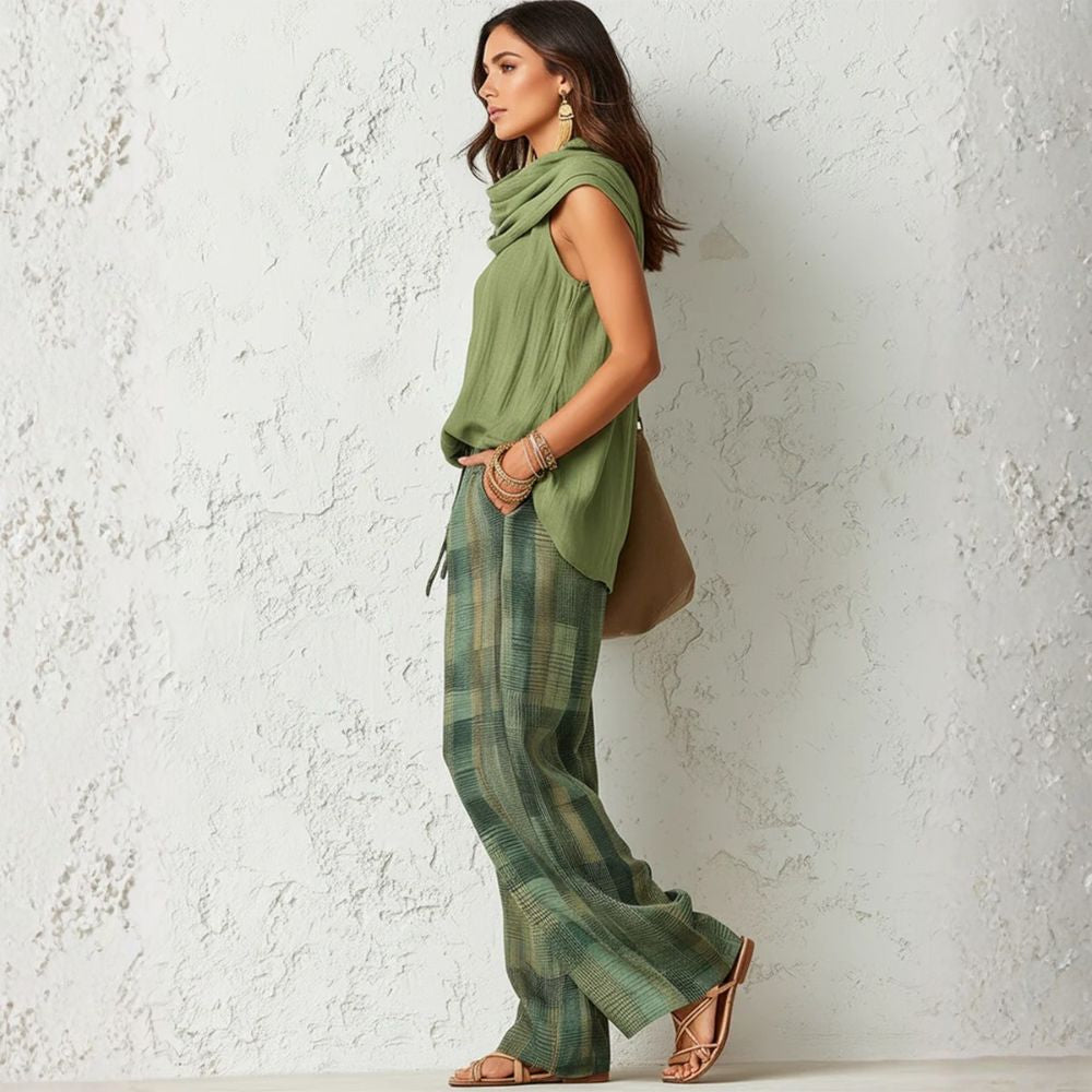 Cowl Neck Sleeveless Top and Print Wide Leg Pants Two Piece Set 3