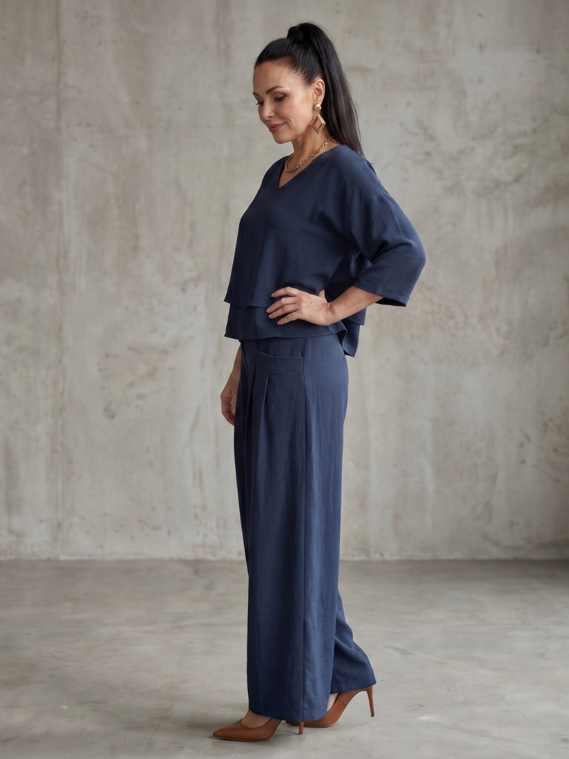 V-Neck Layered Top and Wide Leg Pants Two Piece Set 3