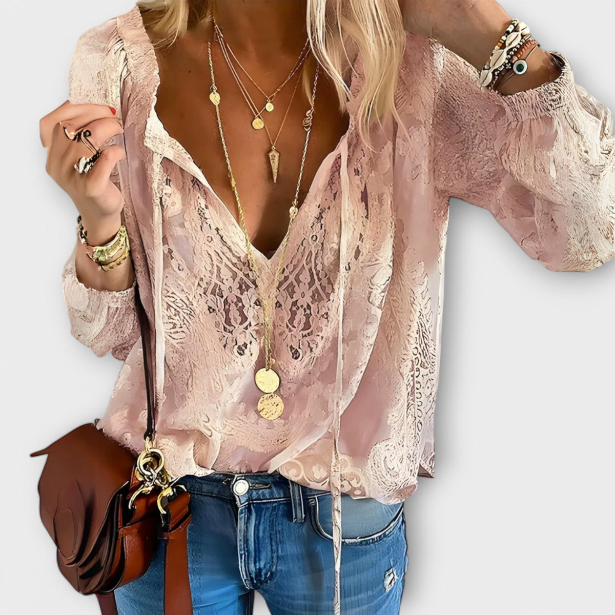 Lace V-Neck Tie Neck Long Sleeve Boho Blouse 3
