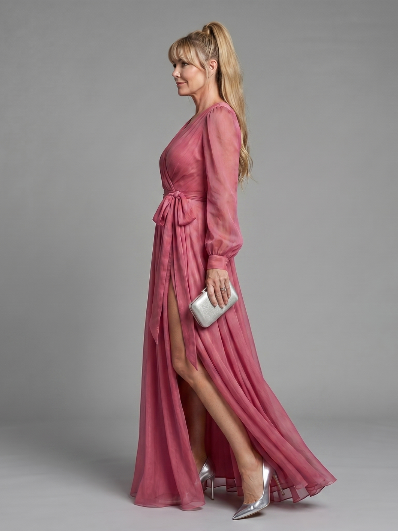 V-Neck Long Sleeve High Split Belted Satin Maxi Dress 2