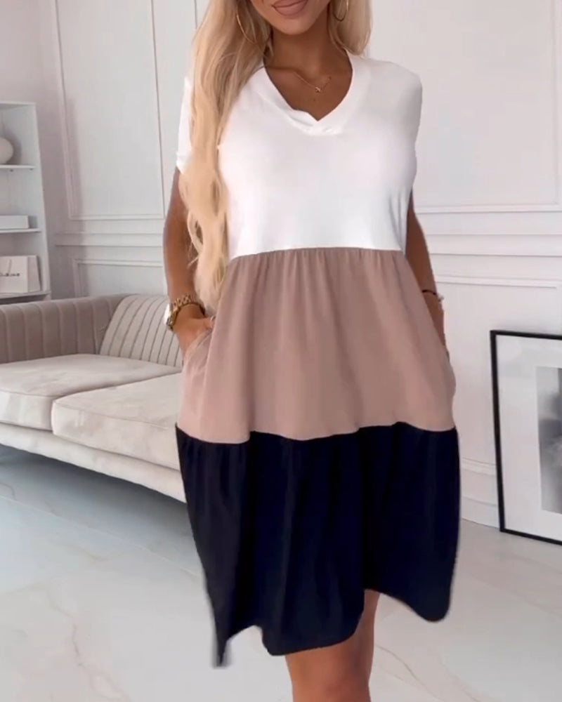 Color Block V-Neck Short Sleeve Tiered Mini Dress 8