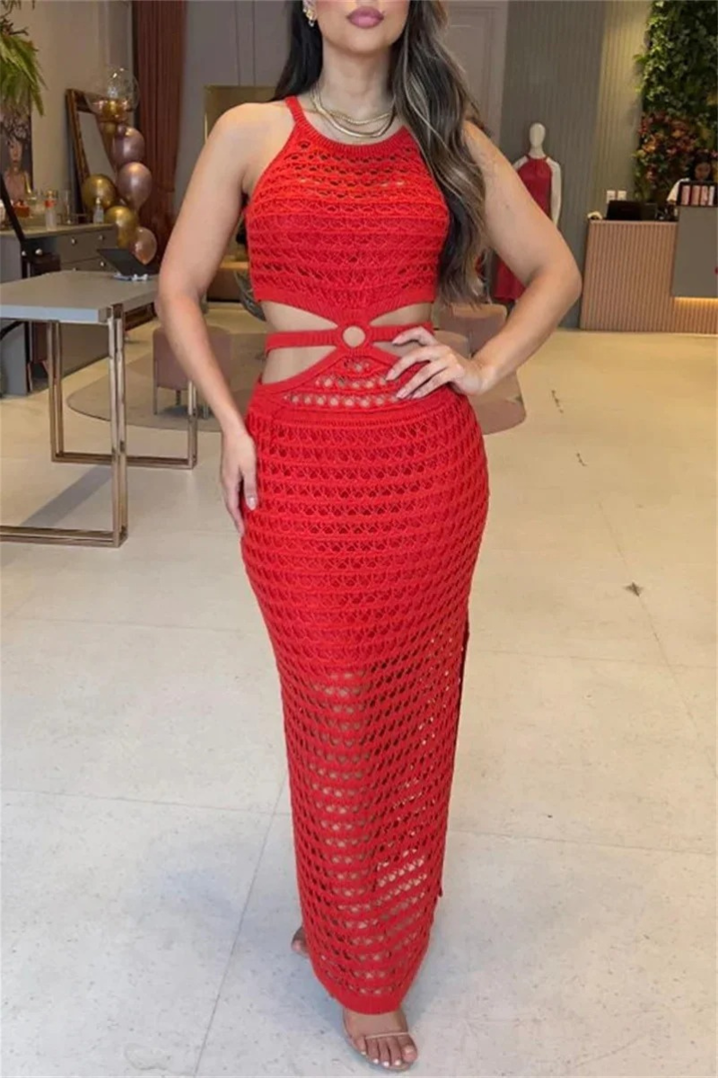 Open Knit Mesh Sleeveless Cut Out O-Ring Waist High Split Dress - View 3