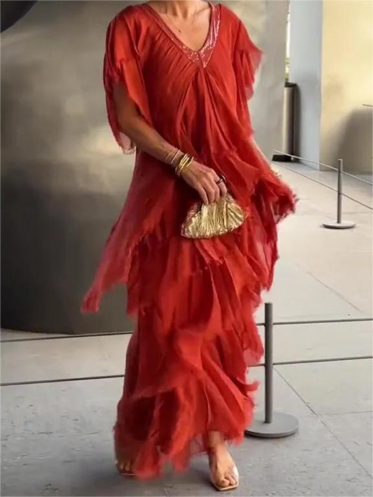 V-Neck Flutter Sleeve Tiered Ruffle Maxi Dress 9