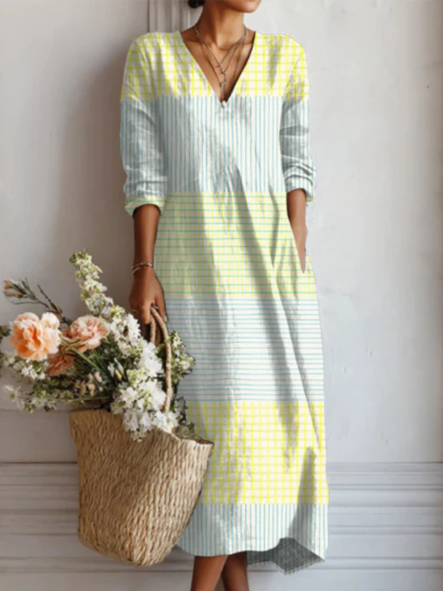 Striped Color Block V-Neck Long Sleeve Midi Dress