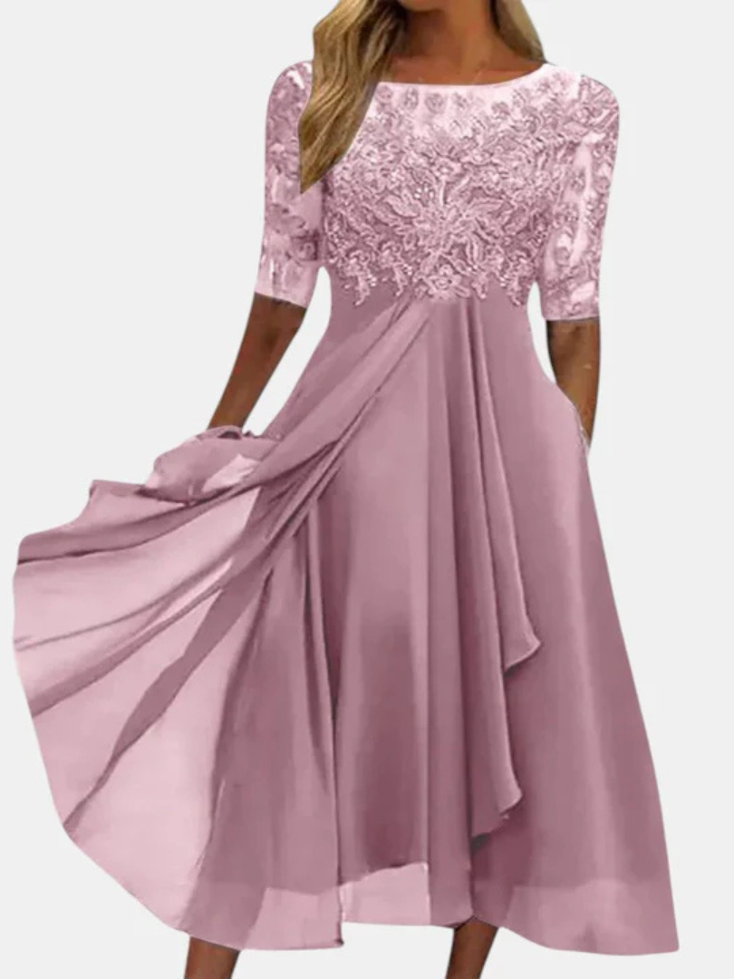 Lace Bodice Illusion Neckline 3/4 Sleeve Chiffon A-Line Tea Length Dress 3