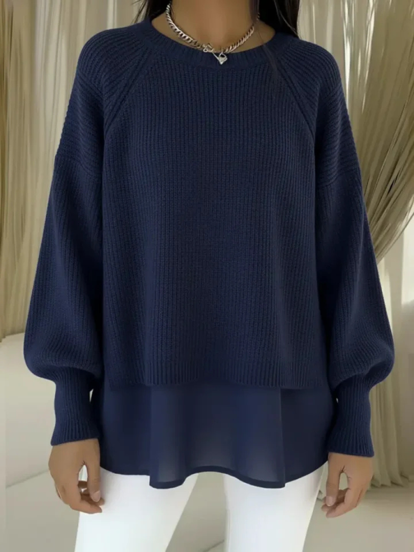 Crew Neck Layered Chiffon Hem Ribbed Knit Sweater 3