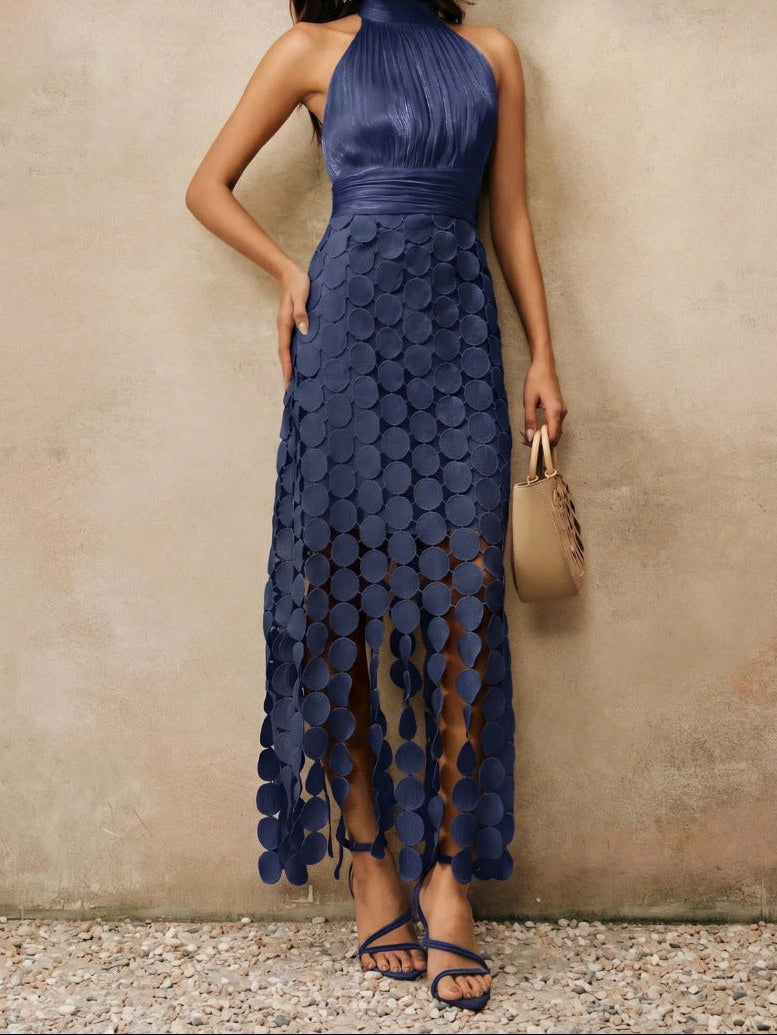 Halter Neck Ruched Disc Cut Out Fringe Hem Maxi Dress 3