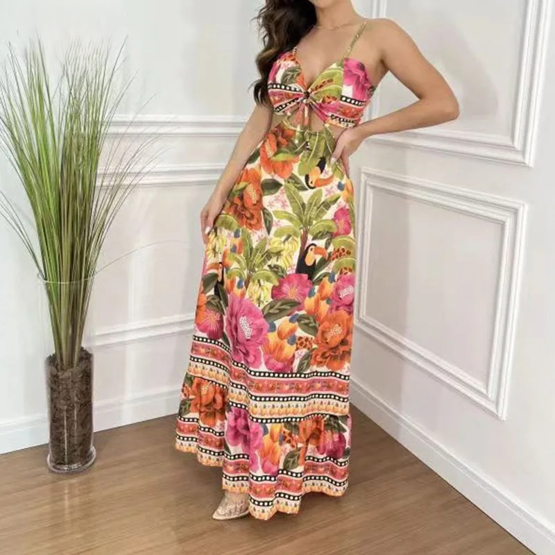 Tropical Print Spaghetti Strap Sweetheart Cut Out Tiered Dress - View 2