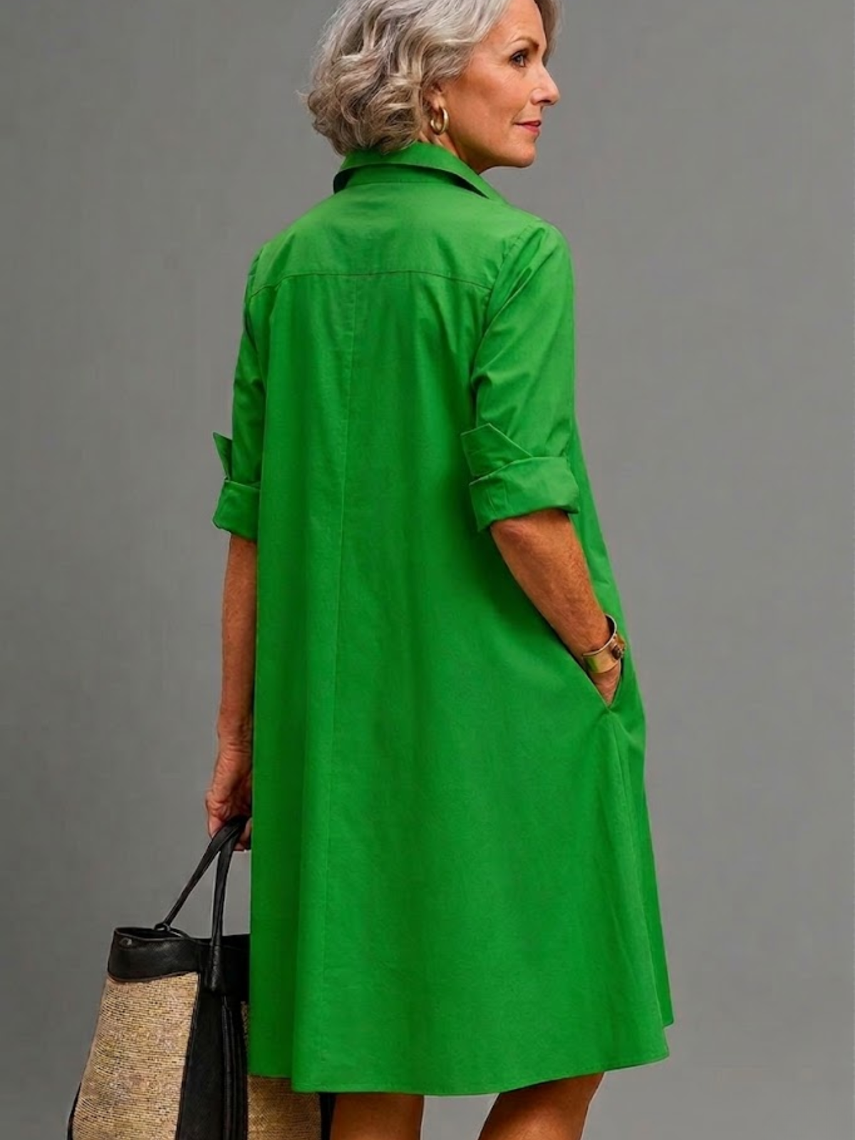 Collared Roll Sleeve A-Line Midi Shirt Dress 2