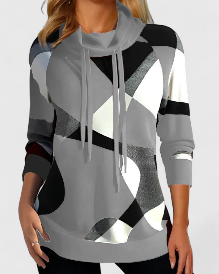 Geometric Print Cowl Neck Drawstring Long Sleeve Top 2