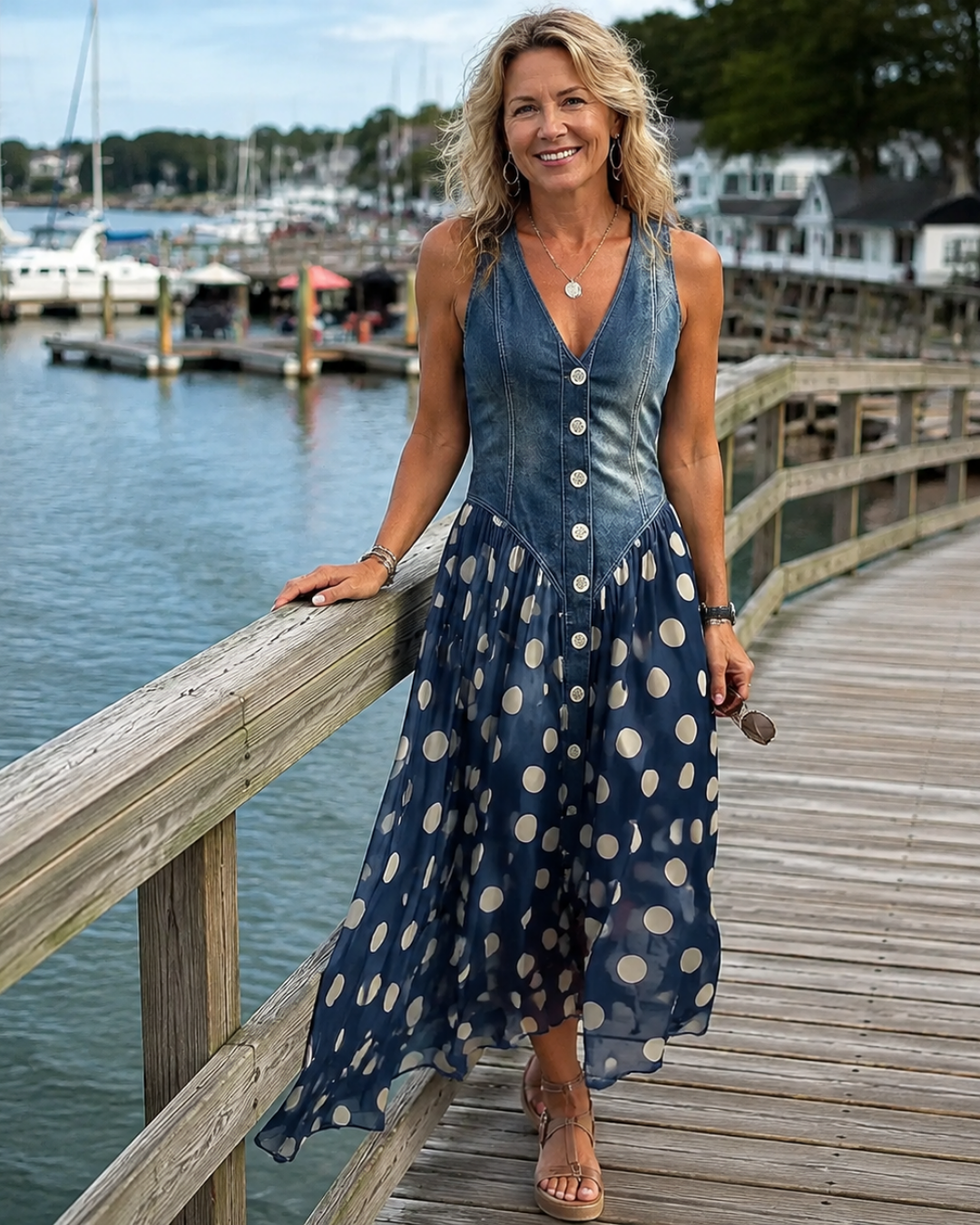 V-Neck Button Front Denim Bodice Polka Dot Maxi Dress 3
