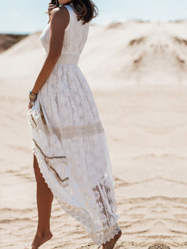 Lace Deep V-Neck Crochet Trim Empire Waist Tiered Maxi Dress - View 5