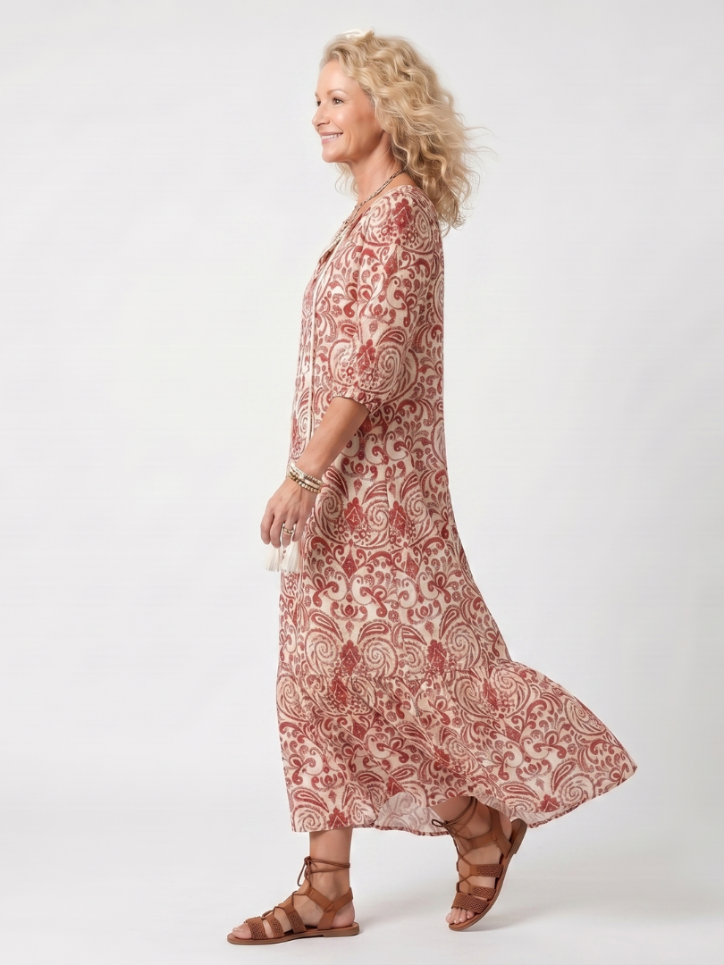 Ornate Print Tassel Tie Neck Long Sleeve Tiered Maxi Dress 2