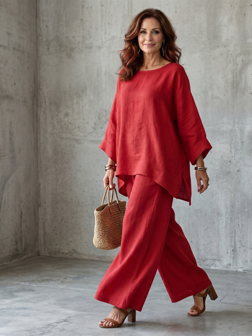 Round Neck Oversized Tunic and Wide Leg Pants Two Piece Set 2