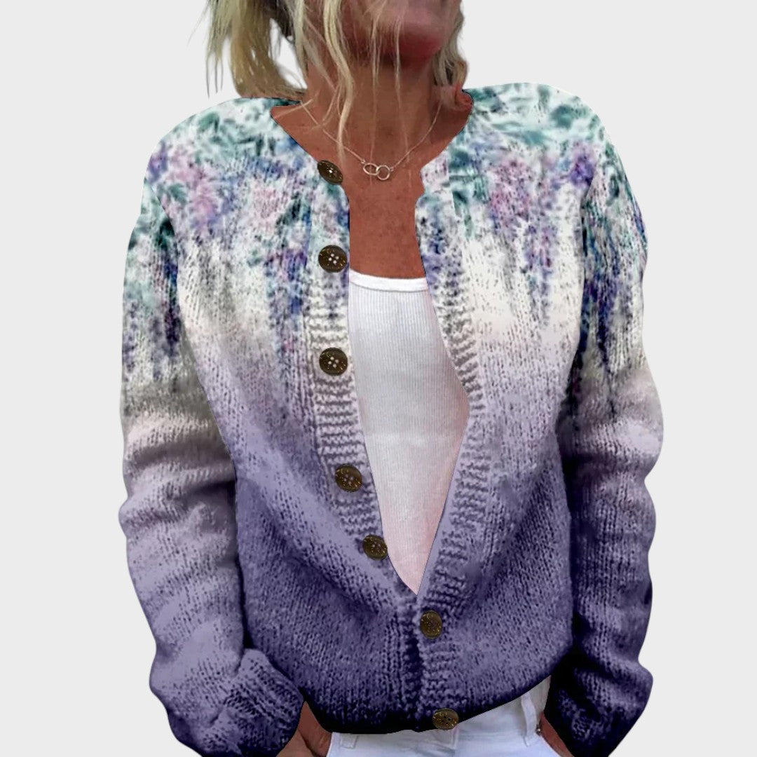 Floral Print Button Front Round Neck Knit Cardigan