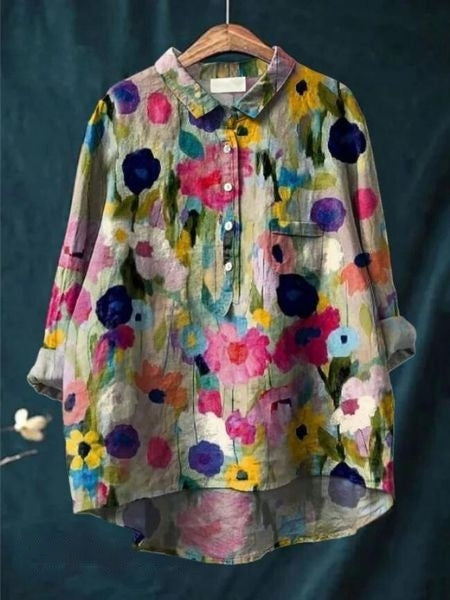 Watercolor Floral Print Long Sleeve Button Blouse 10