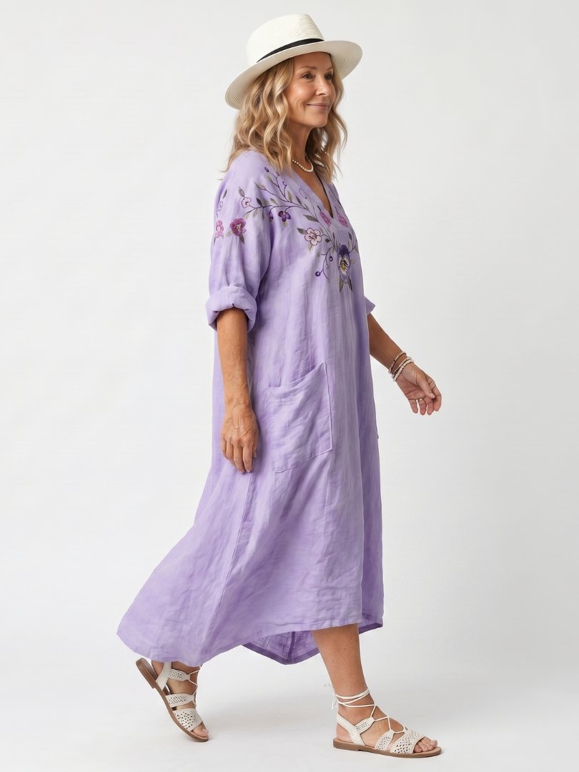 Floral Embroidered V-Neck Rolled Sleeve Pocket Midi Dress 2