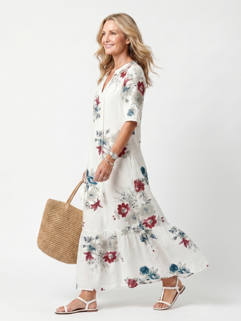 Floral Tassel Tie Neck Short Sleeve Tiered Maxi Dress 2