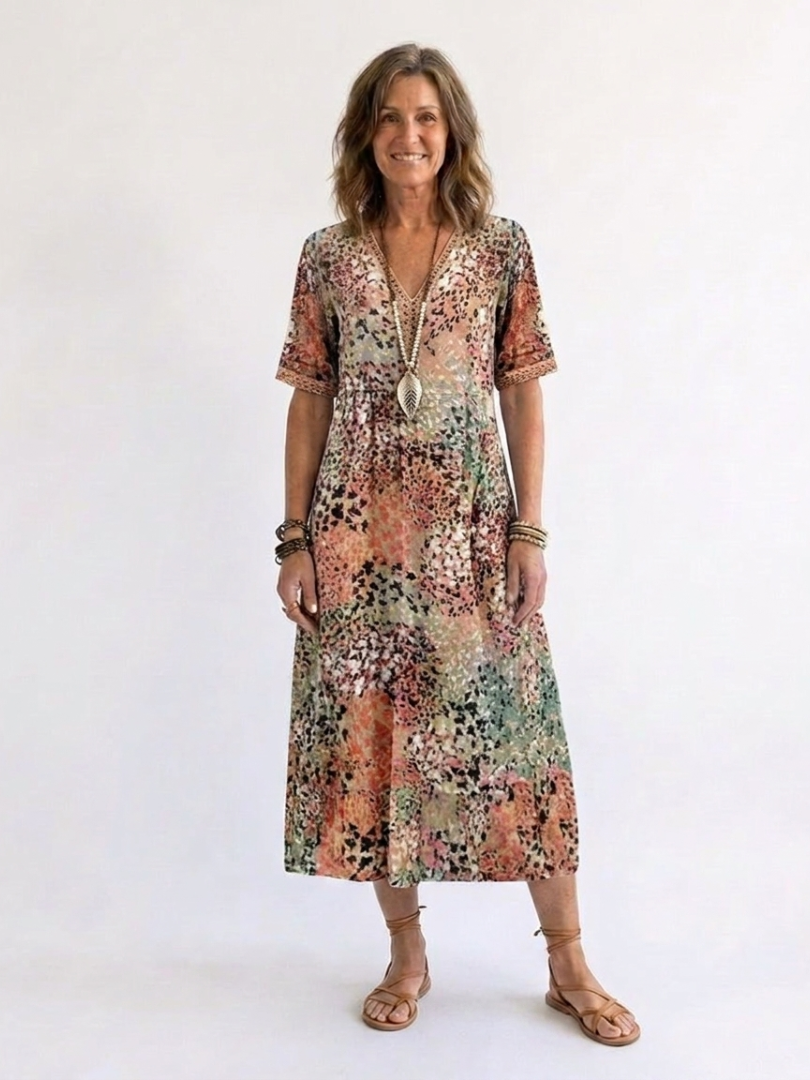 Abstract Print V-Neck Short Sleeve Tiered Midi Dress