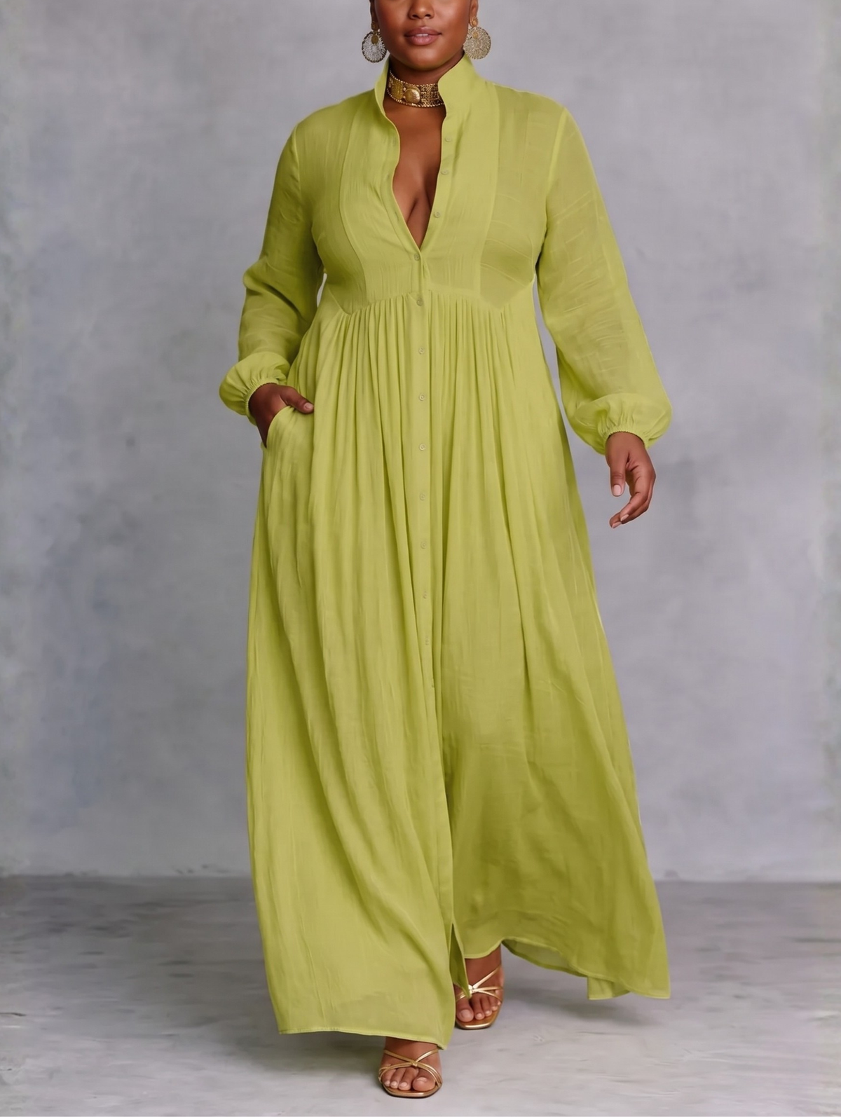 Collared Long Sleeve Button Front Pintuck Shirt Maxi Dress 3