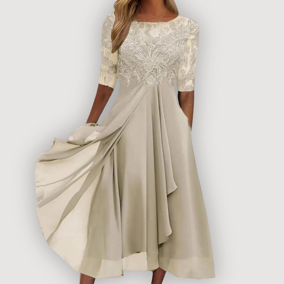 Lace Bodice Round Neck Half Sleeve Chiffon Midi Dress 2