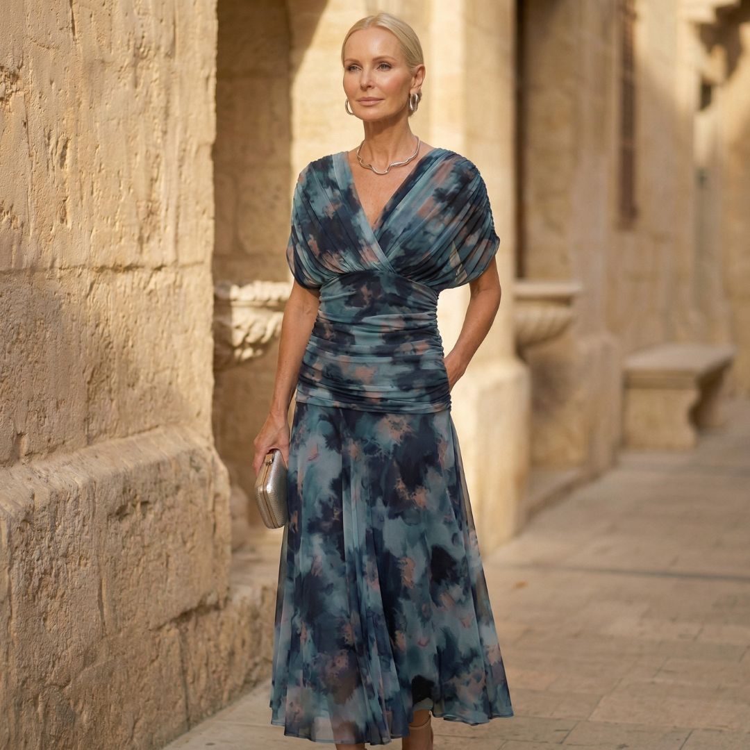 Tie Dye V-Neck Short Sleeve Ruched Fit and Flare Midi Dress