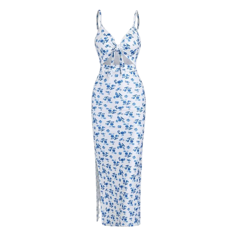 Ribbed Knot Front Cut Out Spaghetti Strap Split Maxi Dress 8