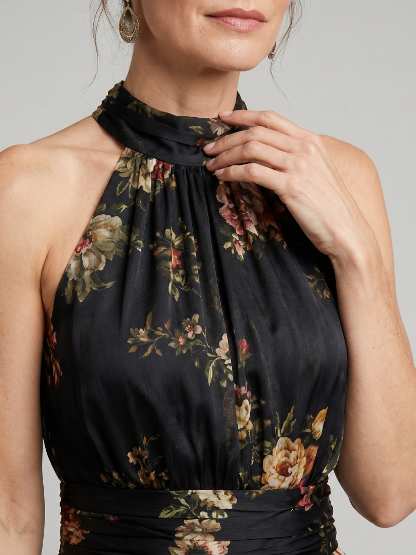 Floral Print Halter Neck Ruched Waist Maxi Dress 3