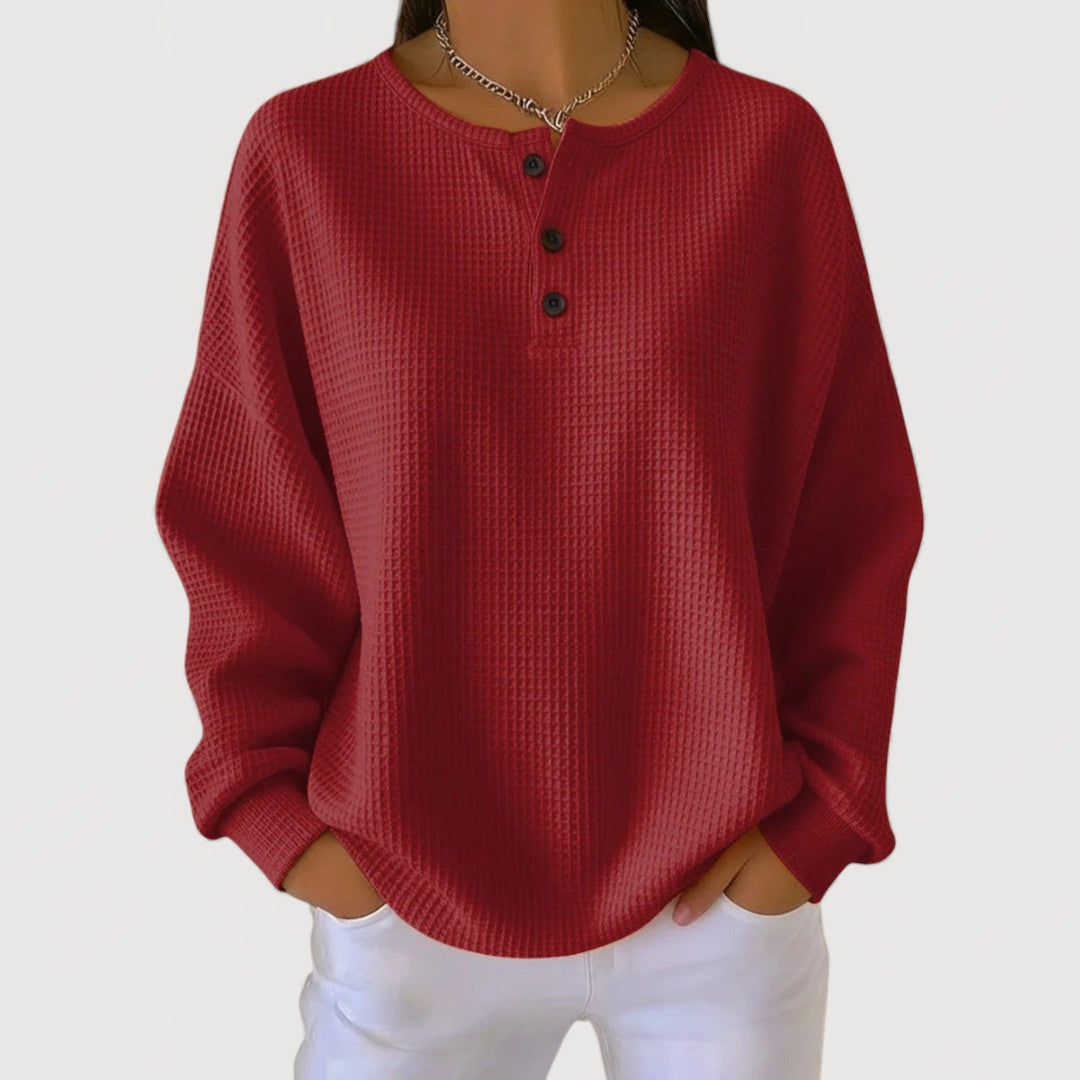 Waffle Knit Henley Button Long Sleeve Sweatshirt 3