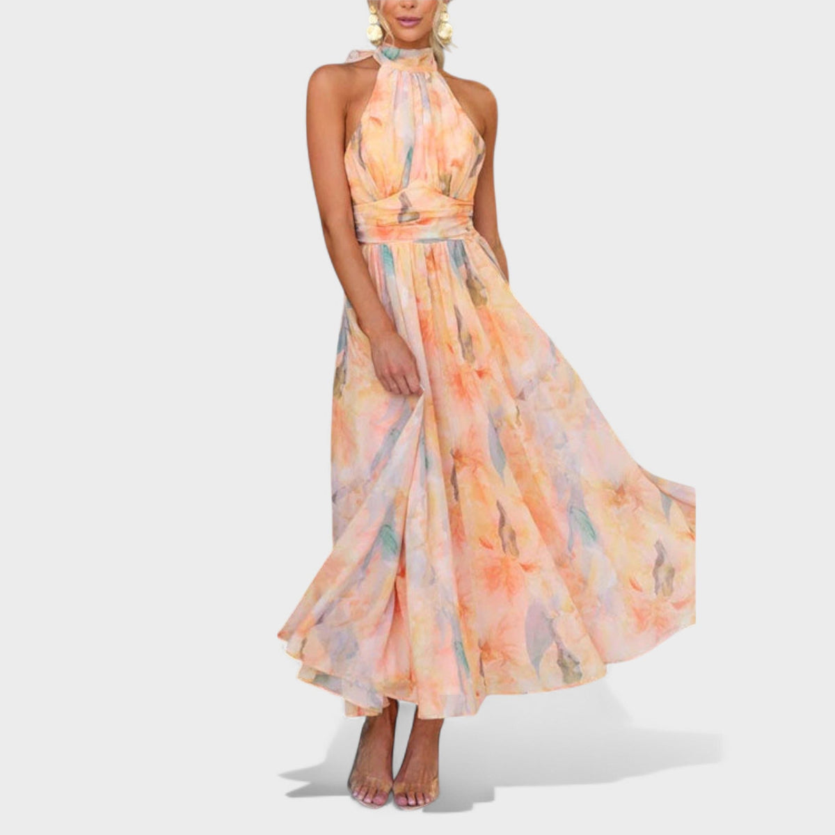 Abstract Print Halter Neck Cross Waist Maxi Dress 3